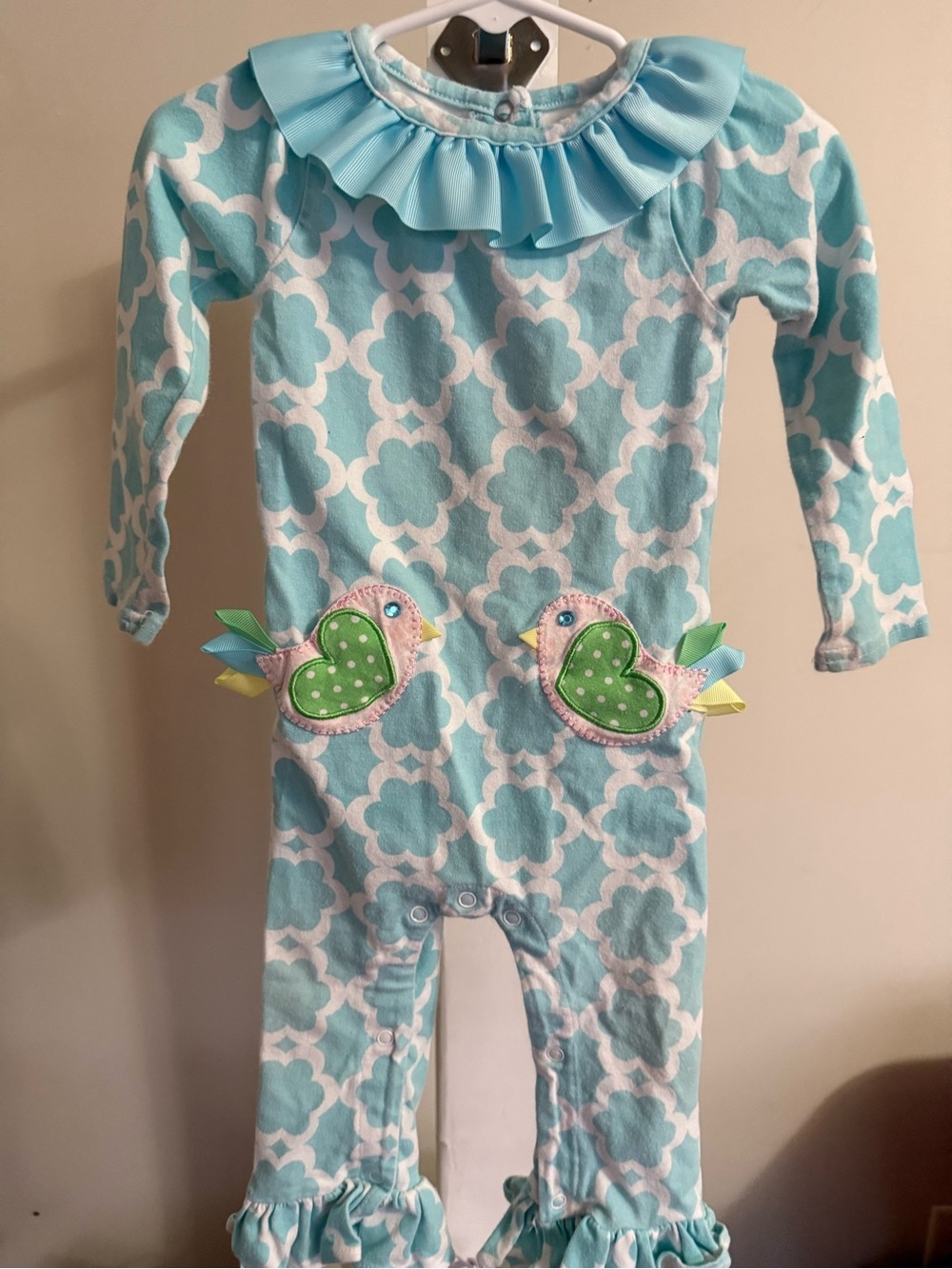 Mudpie Blue/White Bird Pockets Appliqué Ruffled Romper
